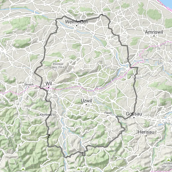 Map miniature of "Thur Valley Challenge" cycling inspiration in Ostschweiz, Switzerland. Generated by Tarmacs.app cycling route planner