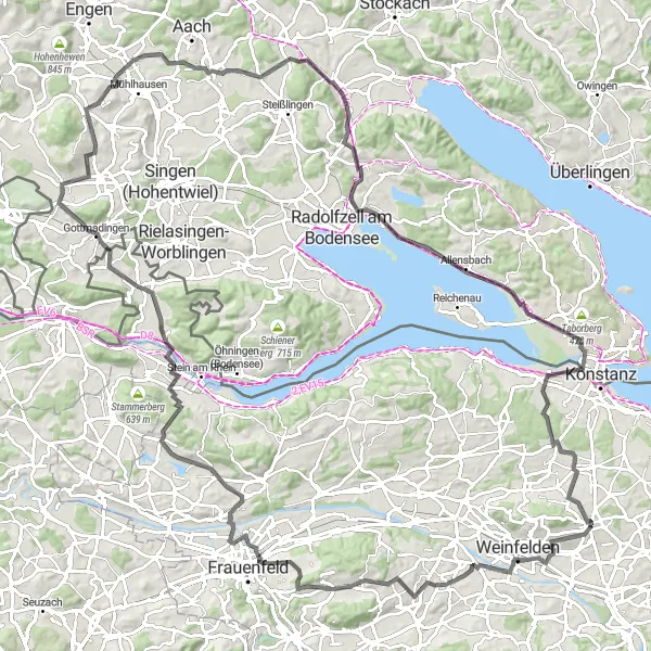 Zemljevid v pomanjšavi "Kolesarska pot okoli Berga in Hemishofna" kolesarske inspiracije v Ostschweiz, Switzerland. Generirano z načrtovalcem kolesarskih poti Tarmacs.app