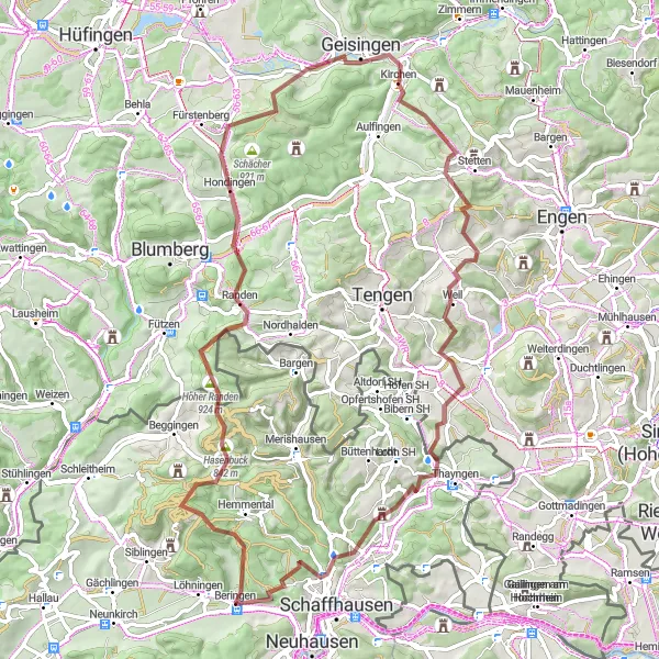 Miniatura della mappa di ispirazione al ciclismo "Gravel-Tour Beringen - Geisingen" nella regione di Ostschweiz, Switzerland. Generata da Tarmacs.app, pianificatore di rotte ciclistiche
