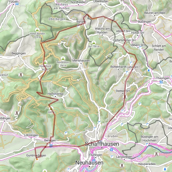 Miniature de la carte de l'inspiration cycliste "Parcours gravel à travers Beringen et Schaffhausen" dans la Ostschweiz, Switzerland. Générée par le planificateur d'itinéraire cycliste Tarmacs.app