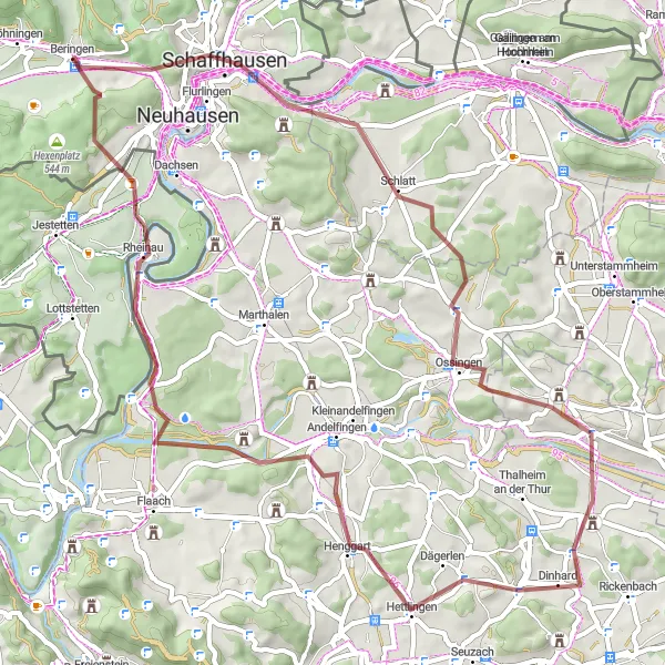Miniatua del mapa de inspiración ciclista "Ruta de grava a través de Beringen" en Ostschweiz, Switzerland. Generado por Tarmacs.app planificador de rutas ciclistas