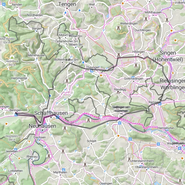 Miniatura della mappa di ispirazione al ciclismo "Road-Tour Beringen - Schaffhausen" nella regione di Ostschweiz, Switzerland. Generata da Tarmacs.app, pianificatore di rotte ciclistiche