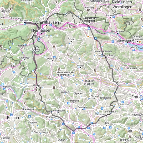 Mapa miniatúra "Panoramatická cyklotrasa cez Rhine Falls a Winterthur" cyklistická inšpirácia v Ostschweiz, Switzerland. Vygenerované cyklistickým plánovačom trás Tarmacs.app