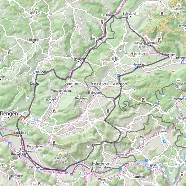 Karttaminiaatyyri "Reitti Beringenistä Wilchingeniin ja Siblingerhöhelle" pyöräilyinspiraatiosta alueella Ostschweiz, Switzerland. Luotu Tarmacs.app pyöräilyreittisuunnittelijalla