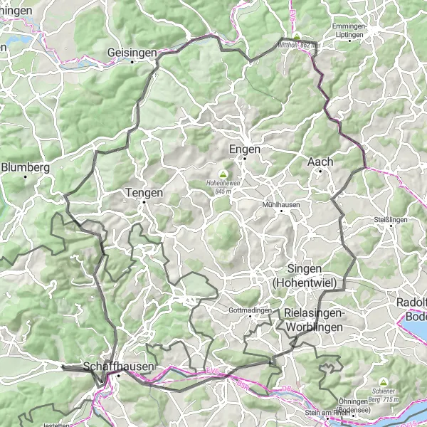 Miniatura della mappa di ispirazione al ciclismo "Tour delle colline di Beringen" nella regione di Ostschweiz, Switzerland. Generata da Tarmacs.app, pianificatore di rotte ciclistiche
