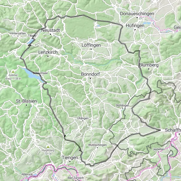 Miniatura della mappa di ispirazione al ciclismo "Tour delle Cascate nella Foresta Nera" nella regione di Ostschweiz, Switzerland. Generata da Tarmacs.app, pianificatore di rotte ciclistiche