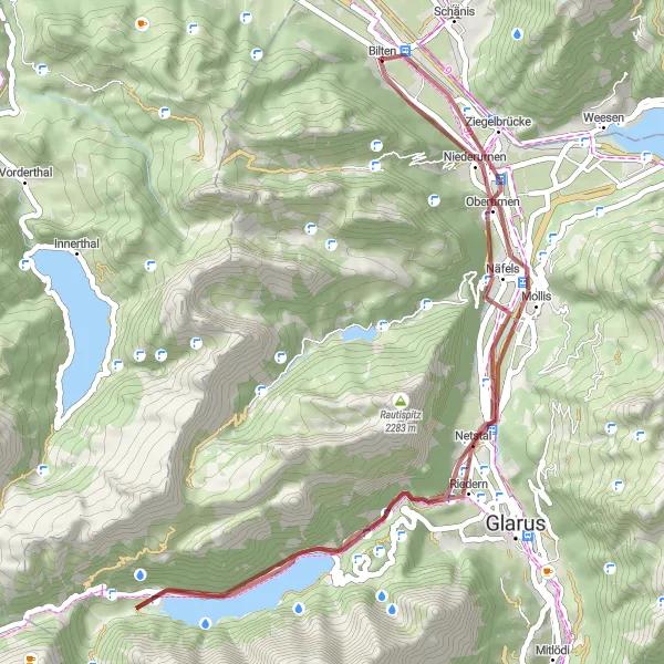 Miniatura della mappa di ispirazione al ciclismo "Percorso in bicicletta Gravel da Bilten a Burgruine Niederwindegg via Twiren e Näfels" nella regione di Ostschweiz, Switzerland. Generata da Tarmacs.app, pianificatore di rotte ciclistiche