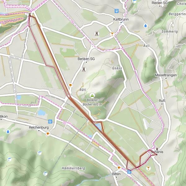 Map miniature of "Schänis and Bilten Easy Gravel Loop" cycling inspiration in Ostschweiz, Switzerland. Generated by Tarmacs.app cycling route planner