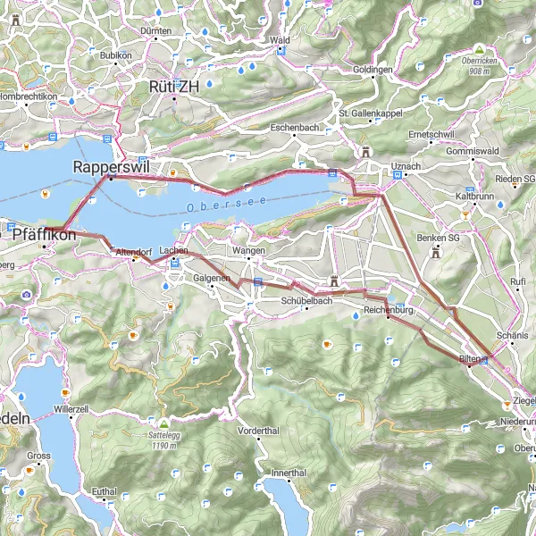 Map miniature of "Benkner Büchel and Schmerikon Gravel Loop" cycling inspiration in Ostschweiz, Switzerland. Generated by Tarmacs.app cycling route planner