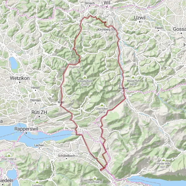 Mapa miniatúra "Benkner Büchel - Ruine Uznaberg - Lichtensteig - Schänis" cyklistická inšpirácia v Ostschweiz, Switzerland. Vygenerované cyklistickým plánovačom trás Tarmacs.app