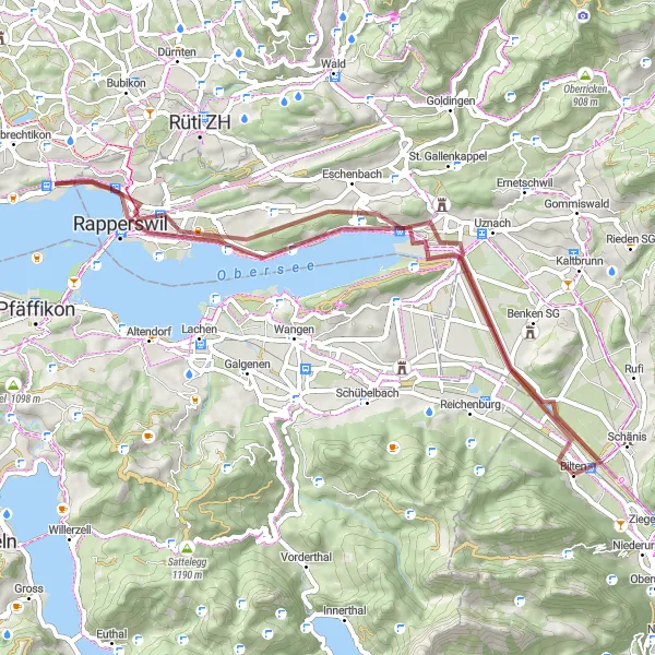 Map miniature of "Scenic Gravel Loop around Rapperswil-Jona" cycling inspiration in Ostschweiz, Switzerland. Generated by Tarmacs.app cycling route planner