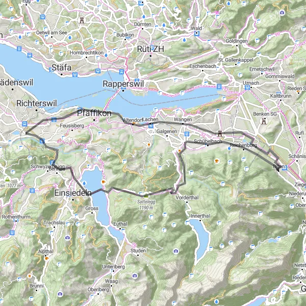 Mapa miniatúra "Reichenburg - Sattelegg - Altendorf - Wangen" cyklistická inšpirácia v Ostschweiz, Switzerland. Vygenerované cyklistickým plánovačom trás Tarmacs.app