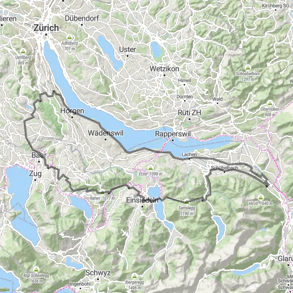 Map miniature of "Schübelbach and Einsiedeln Loop" cycling inspiration in Ostschweiz, Switzerland. Generated by Tarmacs.app cycling route planner