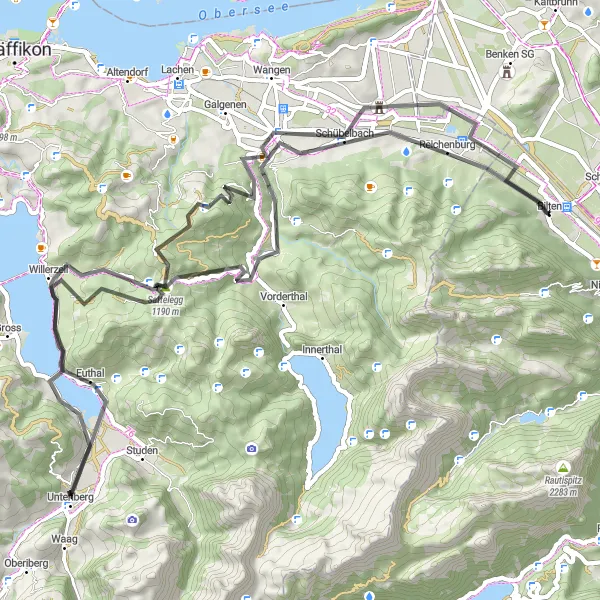 Karttaminiaatyyri "Siebnen - Rinderweidhoren - Willerzell - Unteriberg - Sattelegg - Reichenburg" pyöräilyinspiraatiosta alueella Ostschweiz, Switzerland. Luotu Tarmacs.app pyöräilyreittisuunnittelijalla