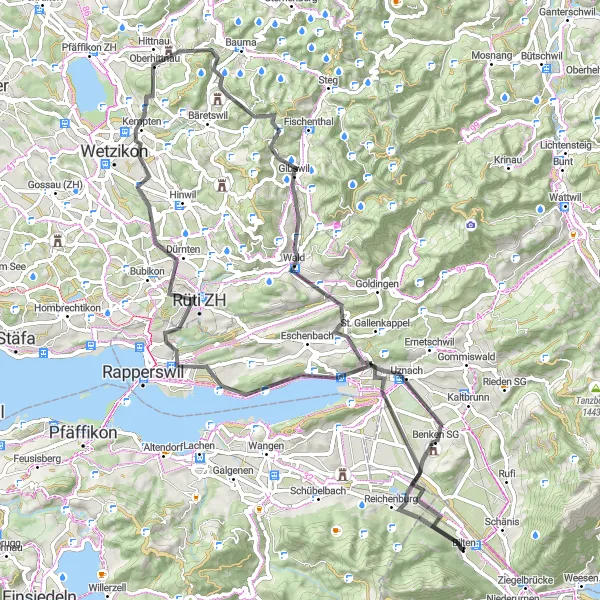Map miniature of "Uznach and Rüti ZH Loop" cycling inspiration in Ostschweiz, Switzerland. Generated by Tarmacs.app cycling route planner