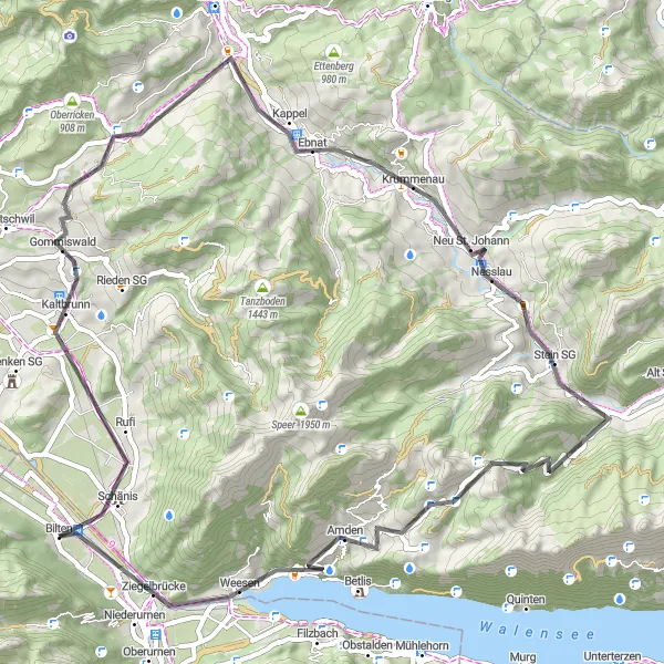 Karttaminiaatyyri "Kaltbrunn - Ebnat - Stein SG - Gulmen - Amden - Biberlichopf - Ziegelbrücke" pyöräilyinspiraatiosta alueella Ostschweiz, Switzerland. Luotu Tarmacs.app pyöräilyreittisuunnittelijalla