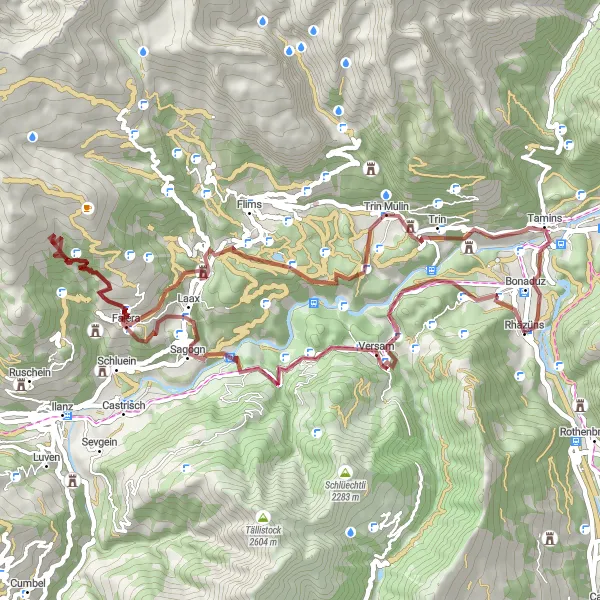 Miniaturekort af cykelinspirationen "Grusvejscykelrute Valendas Adventure" i Ostschweiz, Switzerland. Genereret af Tarmacs.app cykelruteplanlægger