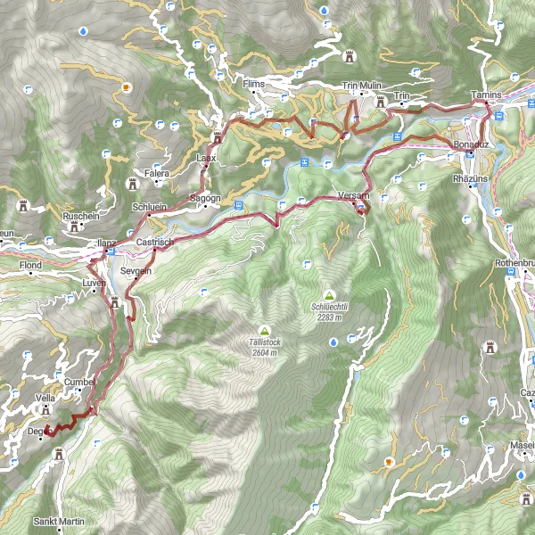 Miniaturní mapa "Gravelová trasa kolem Laax" inspirace pro cyklisty v oblasti Ostschweiz, Switzerland. Vytvořeno pomocí plánovače tras Tarmacs.app