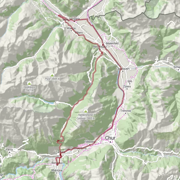 Miniatua del mapa de inspiración ciclista "Ruta de Grava a través de Reichenau y Tuma Casté" en Ostschweiz, Switzerland. Generado por Tarmacs.app planificador de rutas ciclistas