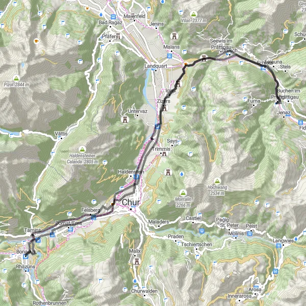 Miniatura della mappa di ispirazione al ciclismo "Scopri Tamins e la Burgruine Fracstein in bicicletta" nella regione di Ostschweiz, Switzerland. Generata da Tarmacs.app, pianificatore di rotte ciclistiche