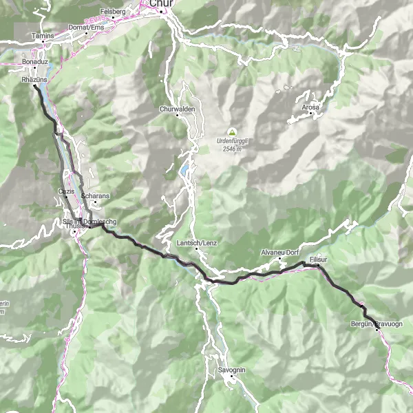 Karten-Miniaturansicht der Radinspiration "Road-Tour entlang von Plam Pedra Purtgera und Filisur" in Ostschweiz, Switzerland. Erstellt vom Tarmacs.app-Routenplaner für Radtouren