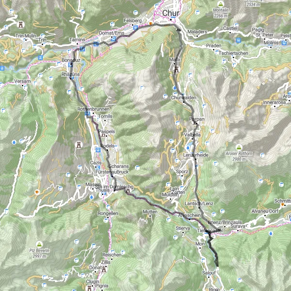 Miniatua del mapa de inspiración ciclista "Ruta por Lenzerheide y Tiefencastel" en Ostschweiz, Switzerland. Generado por Tarmacs.app planificador de rutas ciclistas