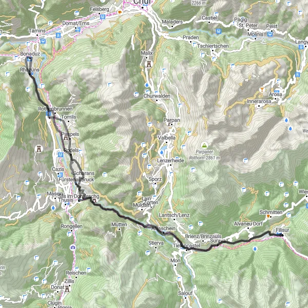 Miniatua del mapa de inspiración ciclista "Recorrido por Landwasserviadukt y Schloss Baldenstein" en Ostschweiz, Switzerland. Generado por Tarmacs.app planificador de rutas ciclistas