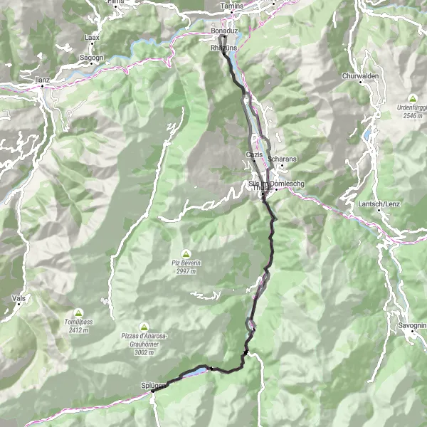 Zemljevid v pomanjšavi "Kolesarska pot Pratval - Cazis" kolesarske inspiracije v Ostschweiz, Switzerland. Generirano z načrtovalcem kolesarskih poti Tarmacs.app