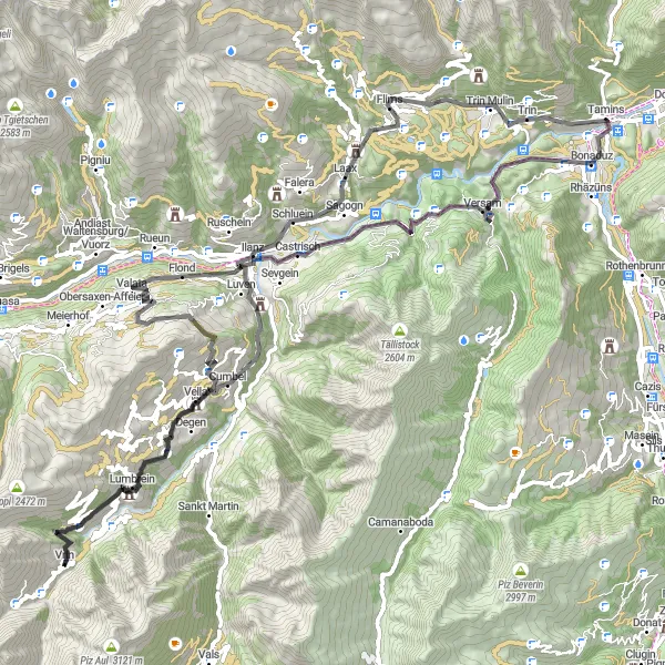 Miniatua del mapa de inspiración ciclista "Ruta en Carretera desde Bonaduz hasta Bot Danisch" en Ostschweiz, Switzerland. Generado por Tarmacs.app planificador de rutas ciclistas
