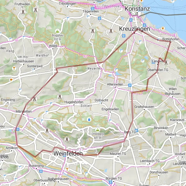 Mapa miniatúra "Gravel Trasa cez Weinfelden" cyklistická inšpirácia v Ostschweiz, Switzerland. Vygenerované cyklistickým plánovačom trás Tarmacs.app