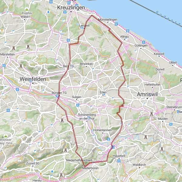 Miniaturní mapa "Náročný gravel okruh kolem Bodamského jezera" inspirace pro cyklisty v oblasti Ostschweiz, Switzerland. Vytvořeno pomocí plánovače tras Tarmacs.app