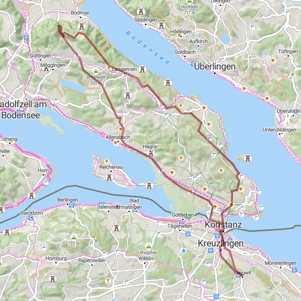 Karttaminiaatyyri "Kreuzlingenin sora-ajo" pyöräilyinspiraatiosta alueella Ostschweiz, Switzerland. Luotu Tarmacs.app pyöräilyreittisuunnittelijalla