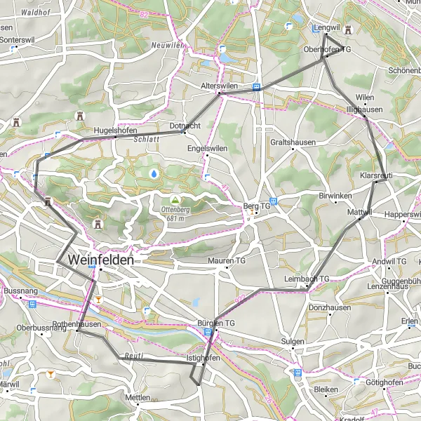 Map miniature of "Bottighofen to Weinfelden Loop" cycling inspiration in Ostschweiz, Switzerland. Generated by Tarmacs.app cycling route planner