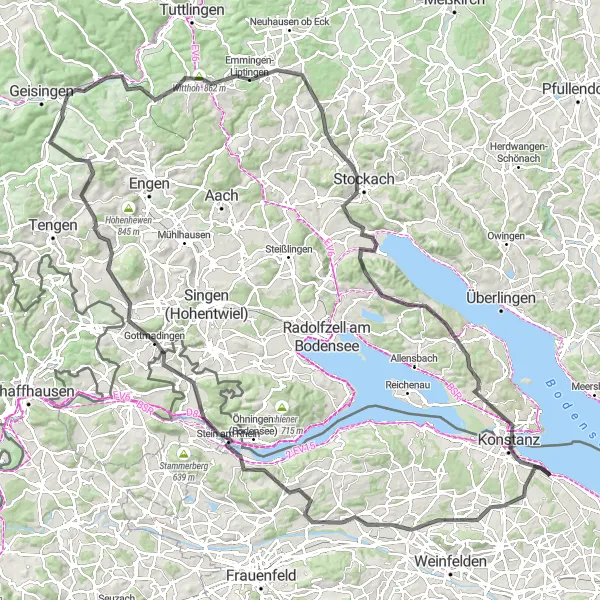 Mapa miniatúra "Road cyklotrasa skrz krajinu Bodamského jezera" cyklistická inšpirácia v Ostschweiz, Switzerland. Vygenerované cyklistickým plánovačom trás Tarmacs.app