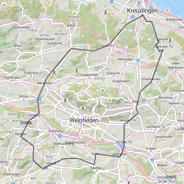 Mapa miniatúra "Cestná Cyklotrasa cez Märstetten" cyklistická inšpirácia v Ostschweiz, Switzerland. Vygenerované cyklistickým plánovačom trás Tarmacs.app