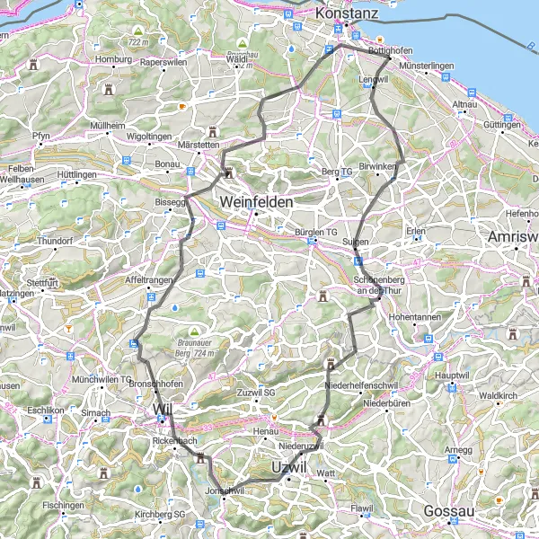 Map miniature of "Bottighofen to Neuwilen Loop" cycling inspiration in Ostschweiz, Switzerland. Generated by Tarmacs.app cycling route planner