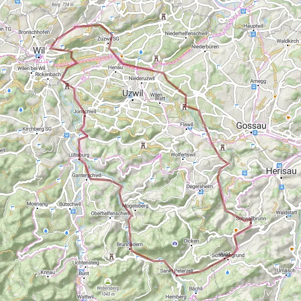 Karttaminiaatyyri "Seikkailu gravel-teillä" pyöräilyinspiraatiosta alueella Ostschweiz, Switzerland. Luotu Tarmacs.app pyöräilyreittisuunnittelijalla