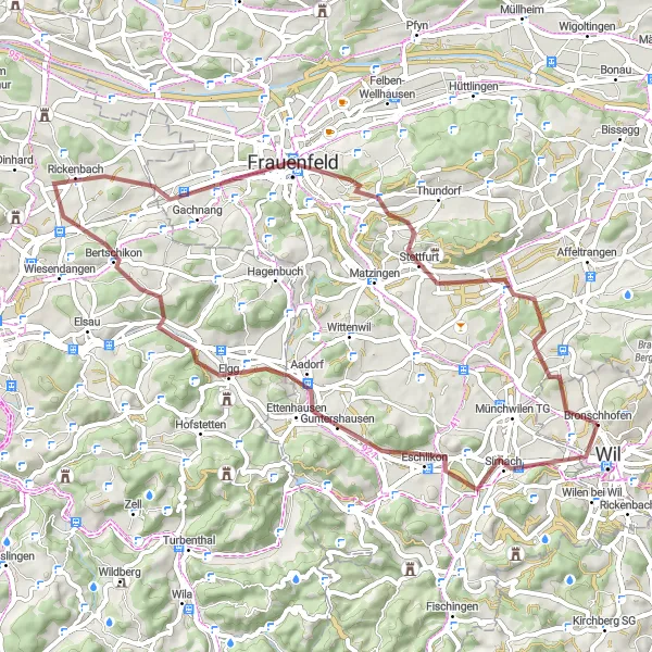 Miniature de la carte de l'inspiration cycliste "Boucle à travers le canton de Thurgovie" dans la Ostschweiz, Switzerland. Générée par le planificateur d'itinéraire cycliste Tarmacs.app