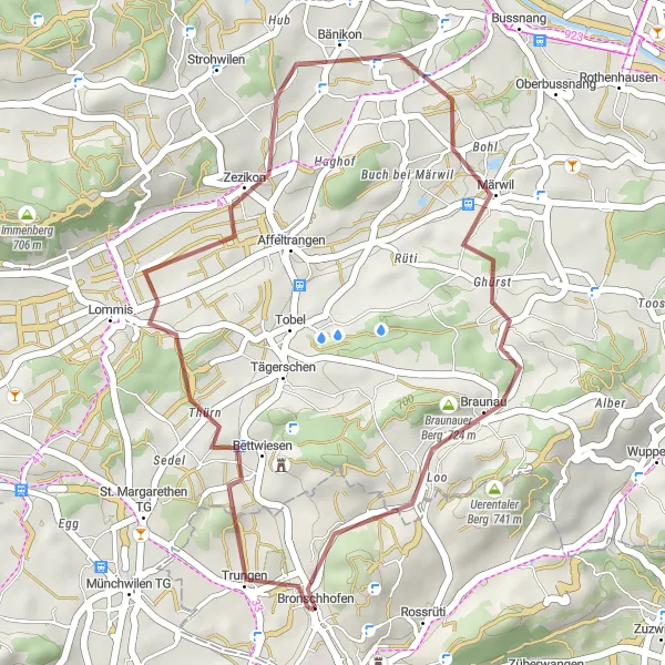 Miniatuurkaart van de fietsinspiratie "Scenic Gravelrit naar Braunauer Berg" in Ostschweiz, Switzerland. Gemaakt door de Tarmacs.app fietsrouteplanner