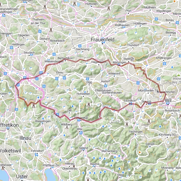 Mapa miniatúra "Gravel Tour Wil - Winterthur" cyklistická inšpirácia v Ostschweiz, Switzerland. Vygenerované cyklistickým plánovačom trás Tarmacs.app