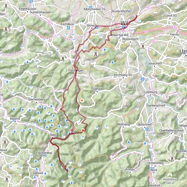 Miniaturní mapa "Gravelová okružní cesta z Bronschhofenu" inspirace pro cyklisty v oblasti Ostschweiz, Switzerland. Vytvořeno pomocí plánovače tras Tarmacs.app