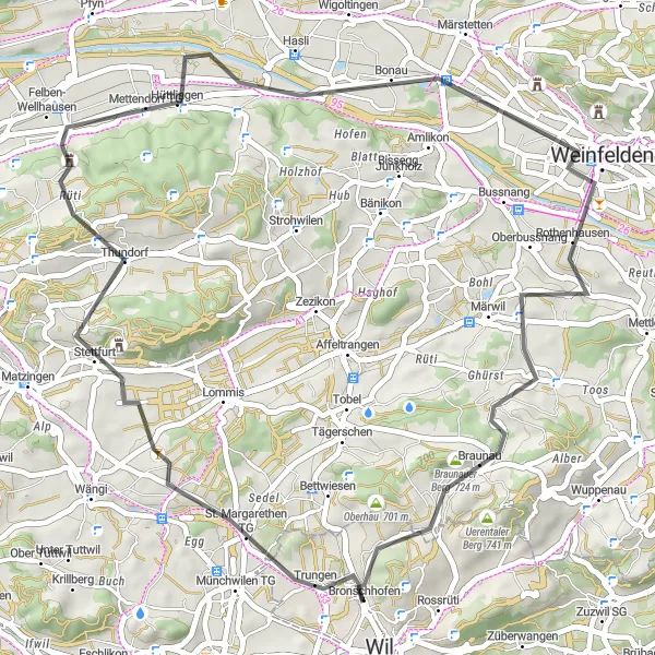 Mapa miniatúra "Ostschweiz Burgstall Route" cyklistická inšpirácia v Ostschweiz, Switzerland. Vygenerované cyklistickým plánovačom trás Tarmacs.app