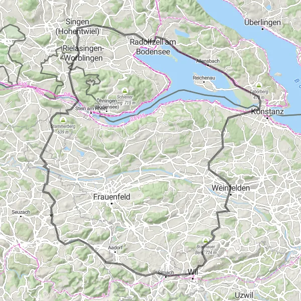 Zemljevid v pomanjšavi "Krožna kolesarska pot Bronschhofen-Wil-Allensbach-Appenzell" kolesarske inspiracije v Ostschweiz, Switzerland. Generirano z načrtovalcem kolesarskih poti Tarmacs.app