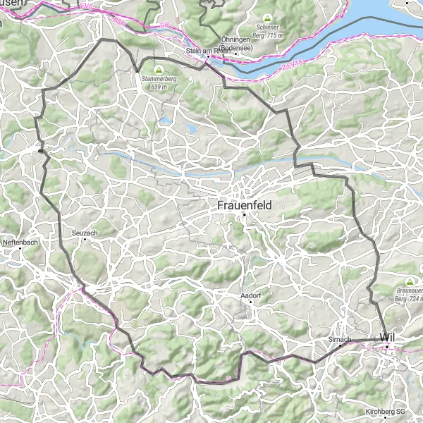 Miniaturní mapa "Okolo Bronschhofen s výhledem na hrad Jubla Turm Sirnach" inspirace pro cyklisty v oblasti Ostschweiz, Switzerland. Vytvořeno pomocí plánovače tras Tarmacs.app