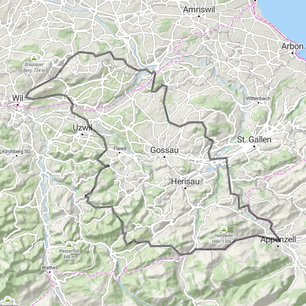 Zemljevid v pomanjšavi "Krožna kolesarska pot Bronschhofen-Appenzell-Urnäsch-Bischofszell" kolesarske inspiracije v Ostschweiz, Switzerland. Generirano z načrtovalcem kolesarskih poti Tarmacs.app