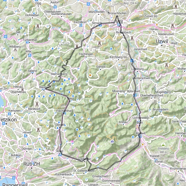 Kartminiatyr av "Vägcykelrundtur till Bronschhofen" cykelinspiration i Ostschweiz, Switzerland. Genererad av Tarmacs.app cykelruttplanerare