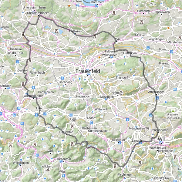 Miniatua del mapa de inspiración ciclista "Ruta por Carretera alrededor de Bronschhofen" en Ostschweiz, Switzerland. Generado por Tarmacs.app planificador de rutas ciclistas