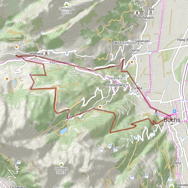 Miniaturní mapa "Short Gravel Loop near Buchs" inspirace pro cyklisty v oblasti Ostschweiz, Switzerland. Vytvořeno pomocí plánovače tras Tarmacs.app