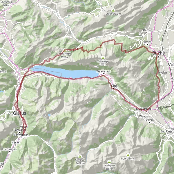 Miniaturní mapa "Gravelová trasa kolem Buchs" inspirace pro cyklisty v oblasti Ostschweiz, Switzerland. Vytvořeno pomocí plánovače tras Tarmacs.app