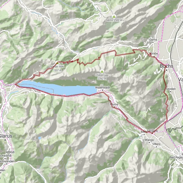 Zemljevid v pomanjšavi "Gravel pot se vzpne na Geissberg in predstavlja panoramsko vožnjo do Buchsa" kolesarske inspiracije v Ostschweiz, Switzerland. Generirano z načrtovalcem kolesarskih poti Tarmacs.app